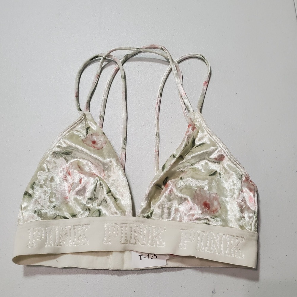 Victoria Secret PINK Women Bra XS Beige Floral Unlined Velour Strappy